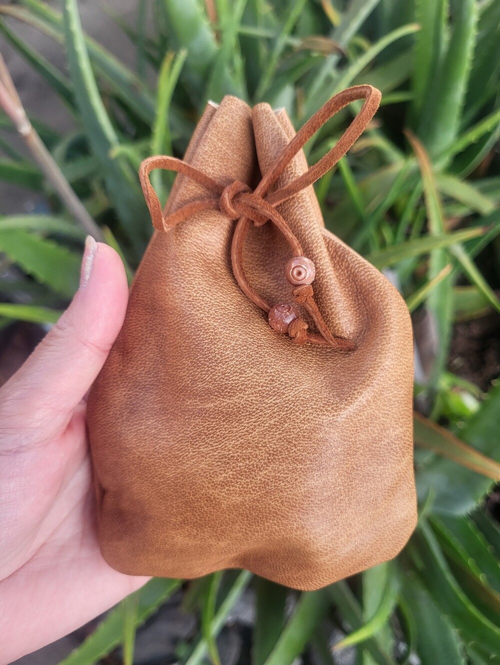 Boho Handmade Leather Pouch With Carved Beads